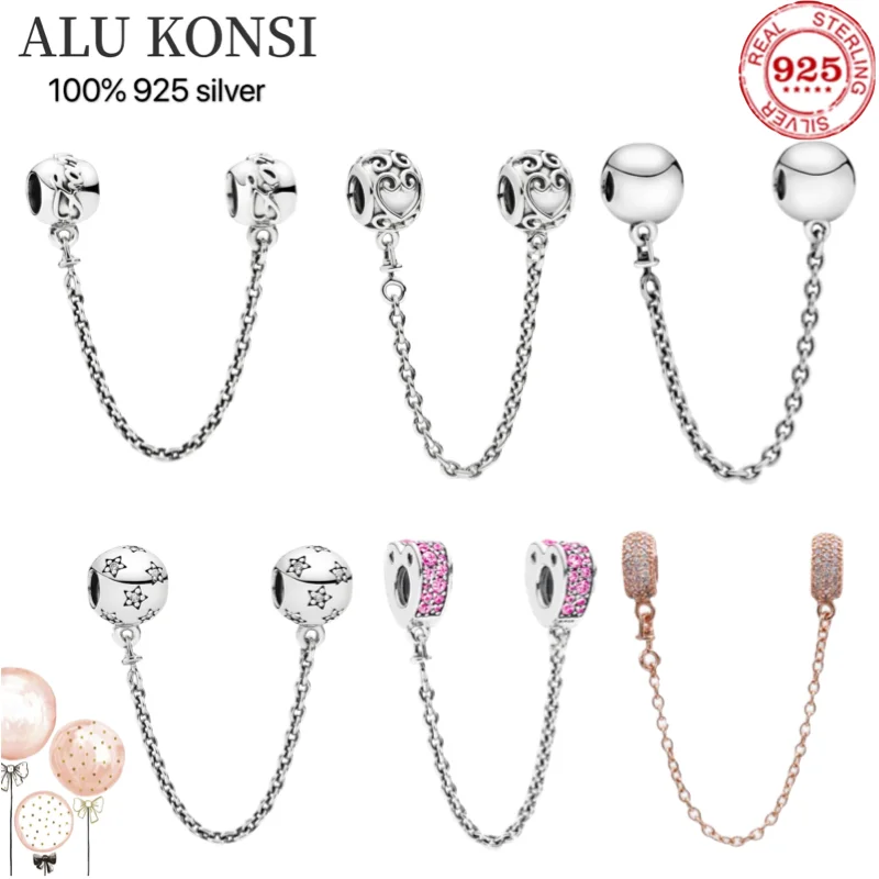

925 sterling silver Sparkling Safety Chain Charm Bead Fit Original Pan Bracelet Pendant DIY Jewelry For Women