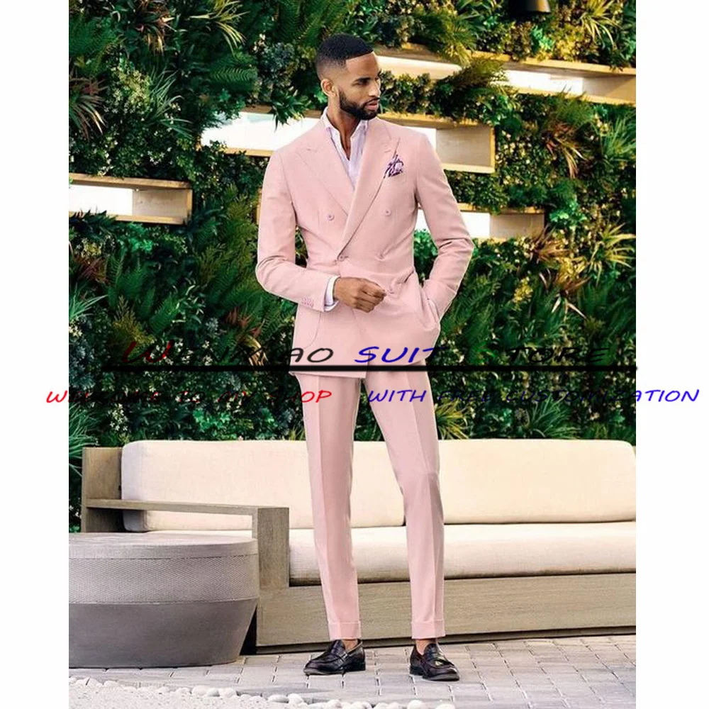 Pink Double Breasted Men's Blazer 2 Piece Wedding Groom Tuxedo Formal Blazer Pants Set Business Workwear Male Outfit