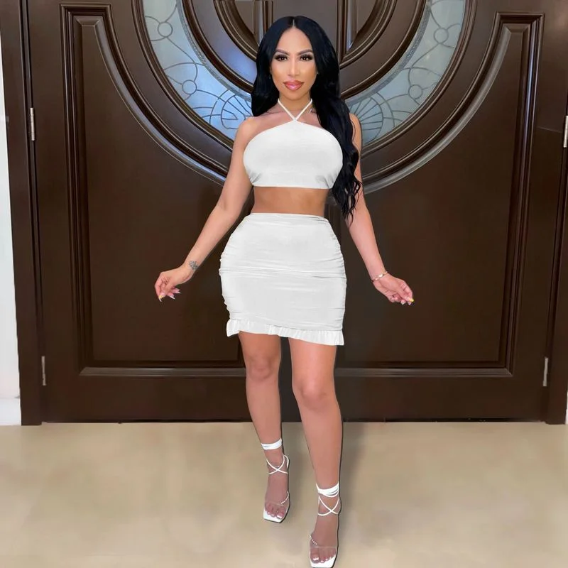 

Укороченный женский топ WUHE с лямкой на шее и юбка-трапеция с оборками, комплект из двух предметов, наряды для 2023, сексуальный женский спортивный костюм