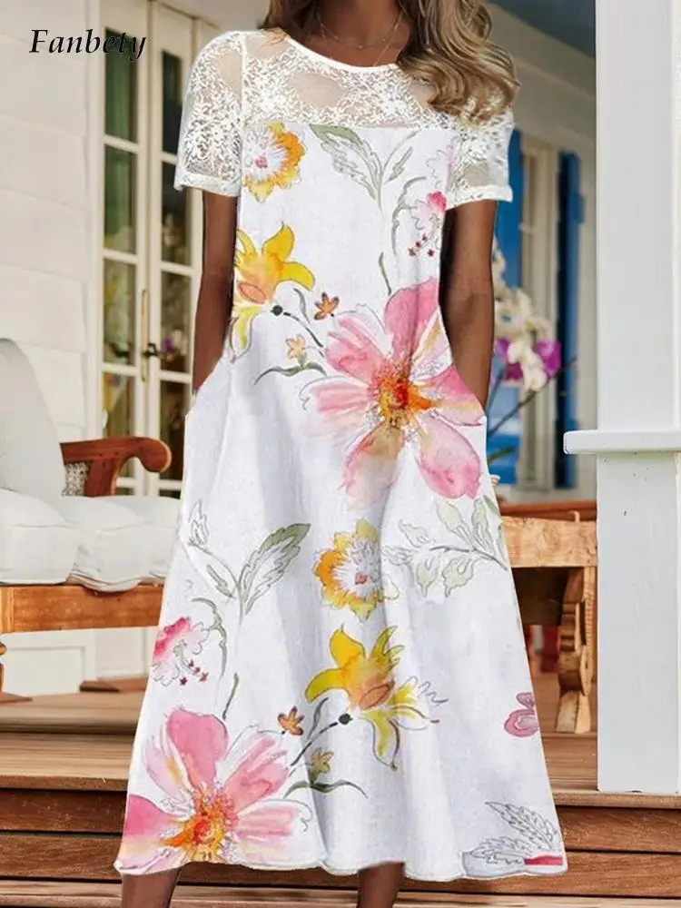 

Elegant Embroidery Lace Patchwork Midi Dress Women Floral Print Short Sleeve Loose Dress Casual O Neck Pocket Summer Party Dress