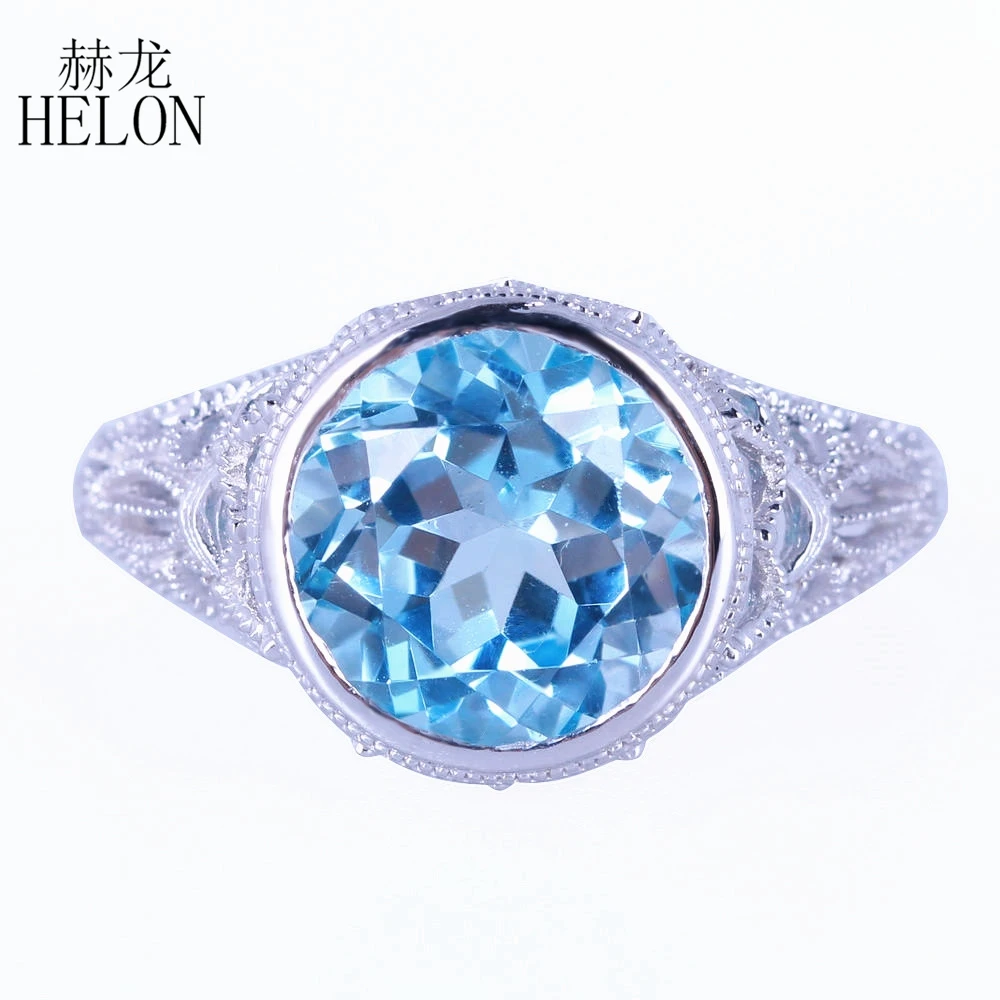 HELON Solid 14k 10k White Gold Round 10mm Flawless Blue Topaz Diamonds Art Deco Vintage Fine Jewelry Engagement Ring Women Gift