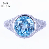 HELON Solid 14k 10k White Gold Round 10mm Flawless Blue Topaz Diamonds Art Deco Vintage Fine Jewelry Engagement Ring Women Gift
