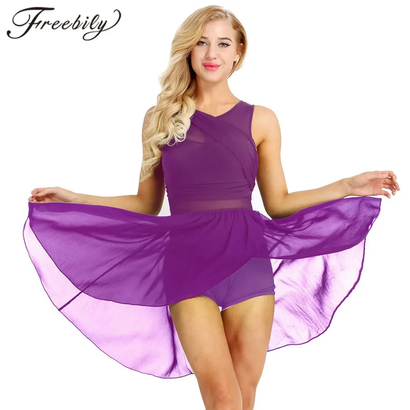 Women Adult Ballet Dress Stretchy Sleeveless Asymmetrical Chiffon Gymnastics Leotard Ballroom Lyrical Dance Costumes Dancewear