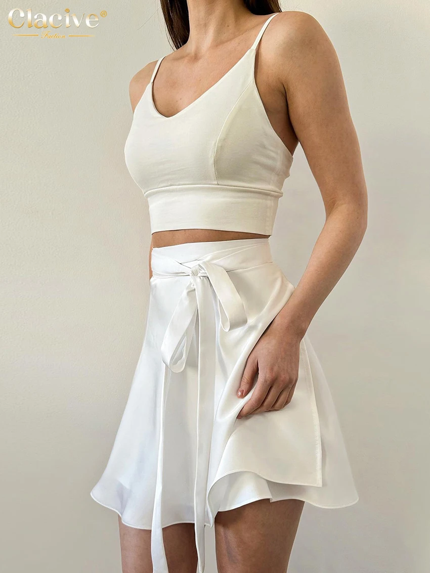 Clacive Fashion Свободный белый атласный комплект из 2 предметов Женский наряд 2025