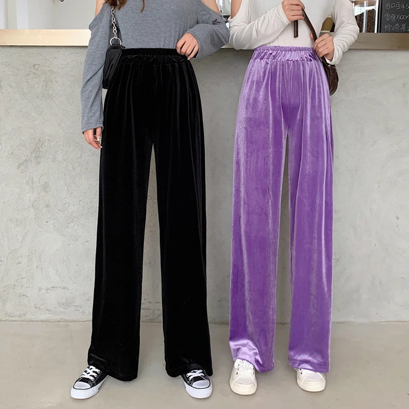 

2023 Autumn Straight Velour Women Pants High Waist Casual Wide Legs Pants Black Purple Loose Female Fashion Student Trousers N
