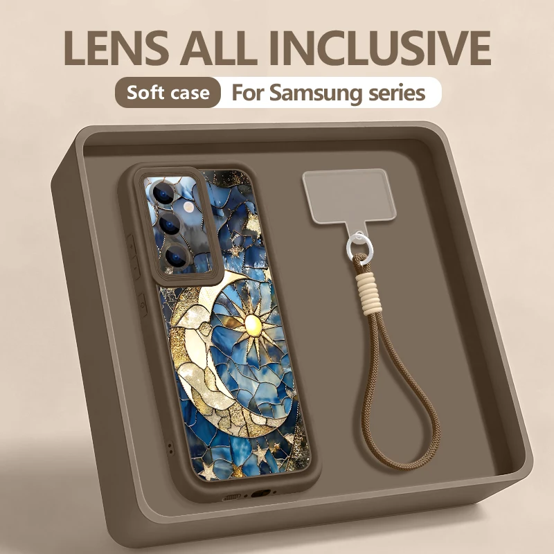 Фото Чехол для телефона с ремешком на запястье для Samsung Galaxy S26 S24 S25 Ultra S23 S25 FE A57 A17 A56 A16 A55 A54 A15 A25, ретро-дизайн с луной и звездами №1