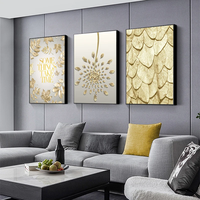

Golden Feather Flowers Abstract Art Painting Canvas Prints and Posters Wall Art Pictures Bedroom Nordic Living Room Home Decor
