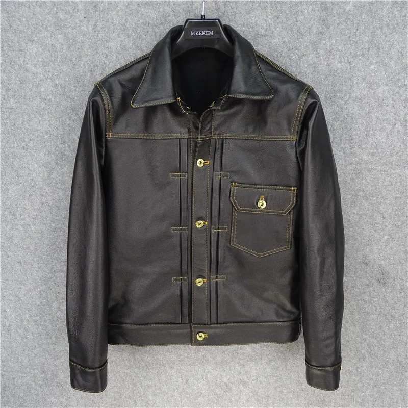 

Доступная верхняя часть из воловьей кожи 506XX японская версия джинсовая облегающая кожаная куртка для мужчин с коричневой строчкой