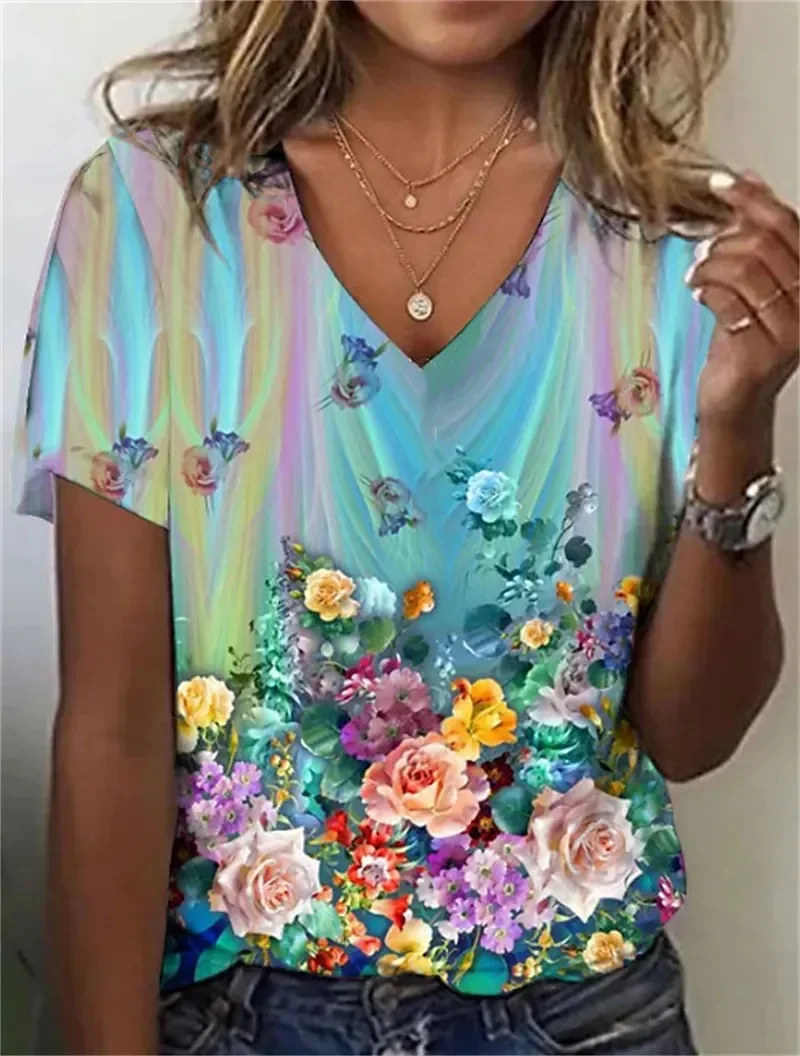 

Fashion Women'S T-Shirt 3d Flowers Print Clothing V-Neck Short Sleeve Tops Summer Harajuku Ladies Pullover Oversized Female Tees