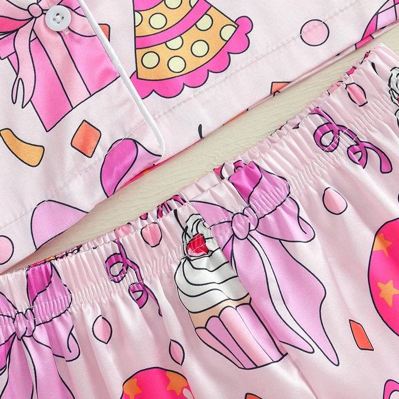 Пижамный комплект на день рождения для девочек торт с бантом и принтом топы