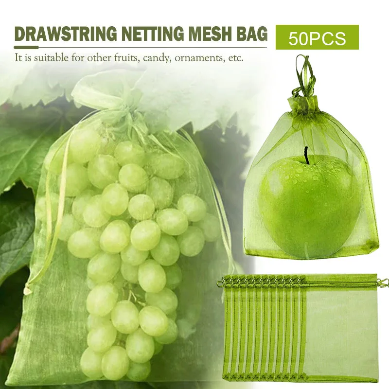 

HOT 50PCS Fruit Protection Bags Protect Plants from Pest with Drawstring Mesh Bags Fruit Cover Mesh Bag with Drawstring