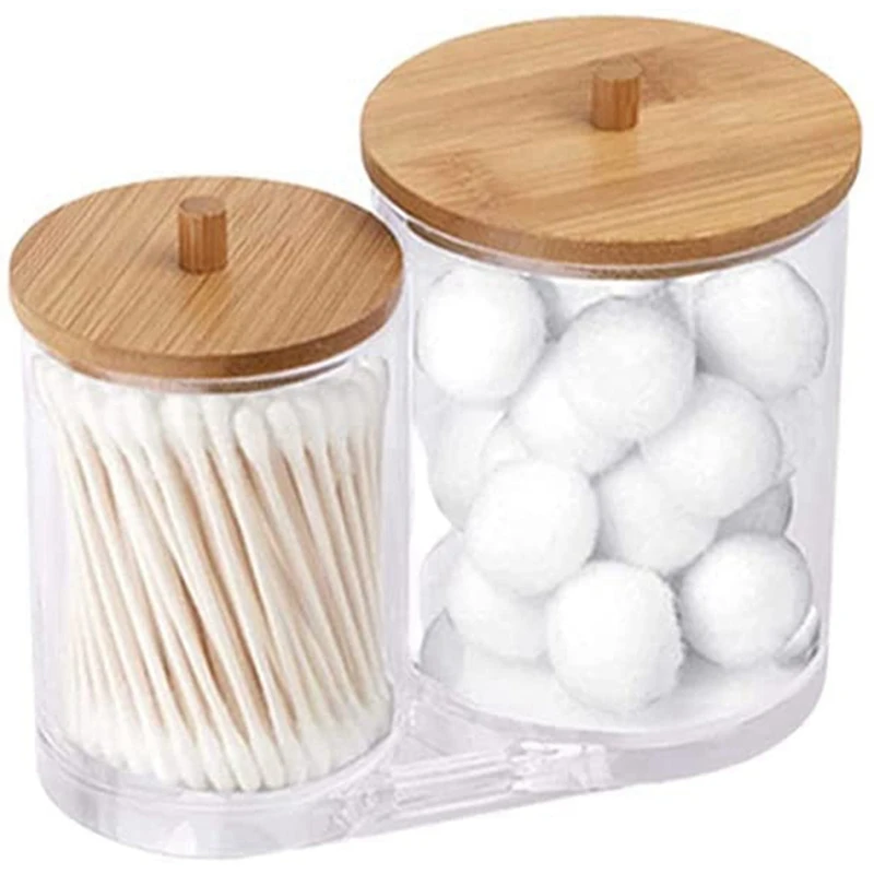 

2X Cotton Swab Pads Holder With Bamboo Lids, Acrylic Qtip Holder Cotton Buds Ball Dispenser Cotton Round Pad