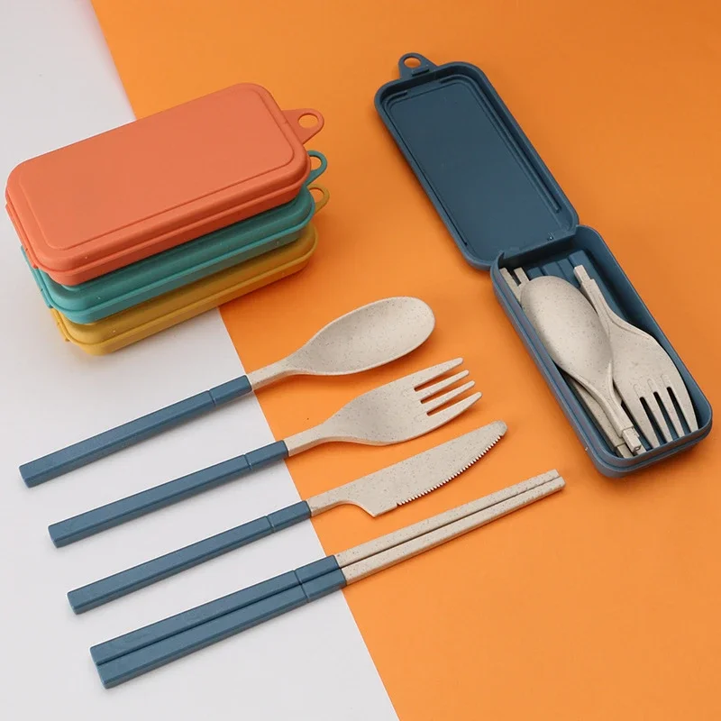 

4pcs Wheat Straw Dinnerware Set Portable Tableware Knife Fork Spoon Chopsticks Set Travel Cutlery Set Eco-Friendly Utensil Box