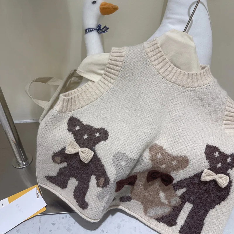 Round Neck Wool Vest Baby Girl Sleeveless Waistcoat Sweater Clothes Children's Sweater 2022 Spring Autumn Girls Bow Bear