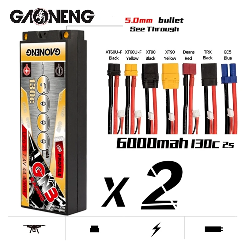 

2PACKS GNB MAX 260C LiPo Battery 2S2P 6000mAh 7.4V 130C Low Profile 5.0mm Bullet Hardcase XT60 T Plug For 1:10 1/10 RC Car Boat