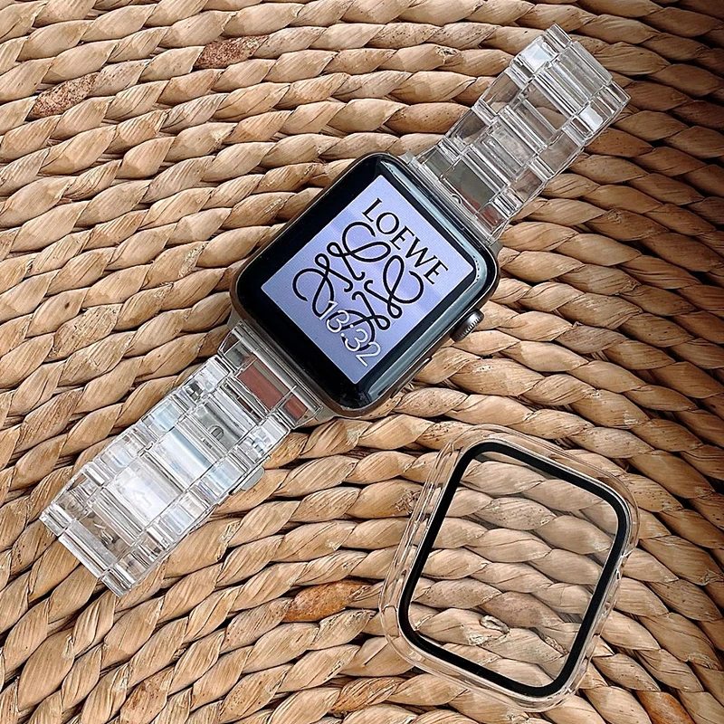 

2pcs For Apple Watch Band Series 7 6 5 4 45mm 41mm 40mm 44mm Clear Protective Case+Resin Strap For iWatch 3 42mm 38mm Bracelet