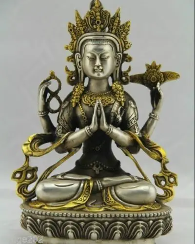 H 210MM Decorated Tibetan Buddhism Silver Bodhisattva Four arm Kwan Yin Buddha  wholesale Decoration real Silver Brassroom Art