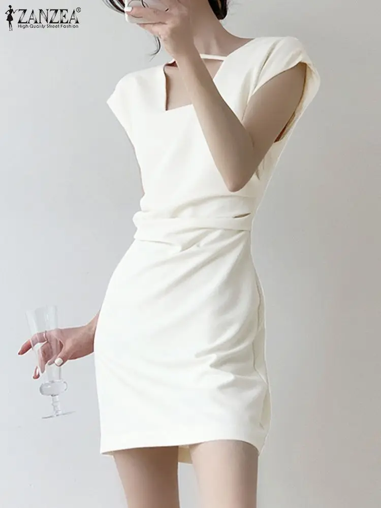 

ZANZEA Summer Sexy Mini Dress Square Neck Party Vestido Waisted Casual Sundress Elegant Slimming Women Short Sleeve Pencil Dress