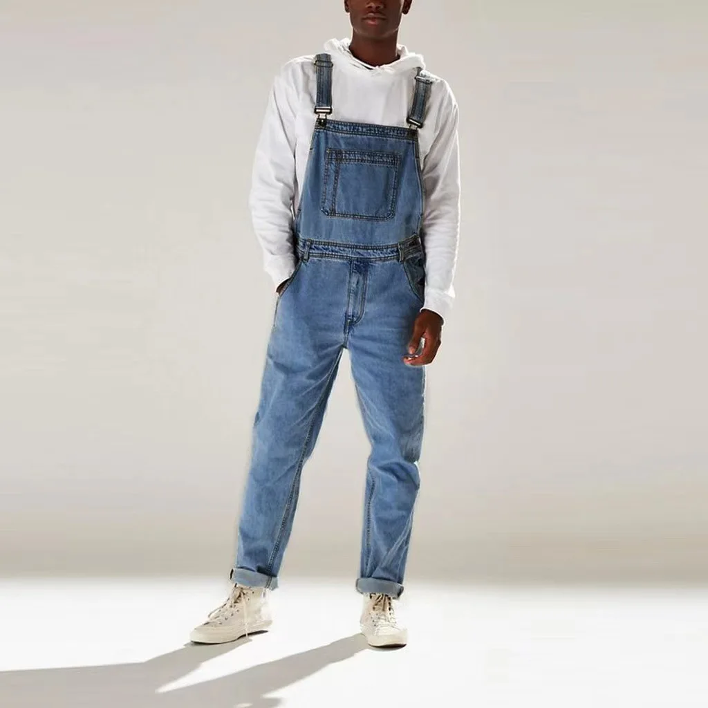 Chic Men's Overalls Jeans High Waist Fashion Brand New Summer Streetwear Pants Male Solid Pocket Hip Hop