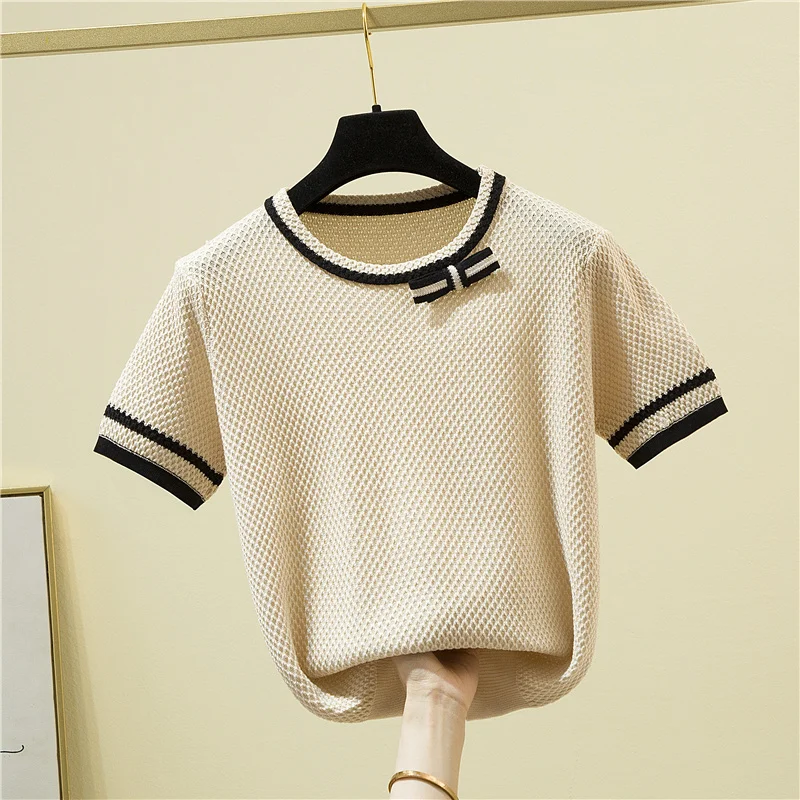 

Knitted T Shirt Women Bow Patchwork Short Sleeve T-Shirt Korean Fashion Womens Clothing 2022 Summer Tops Thin Tee Shirt Femme