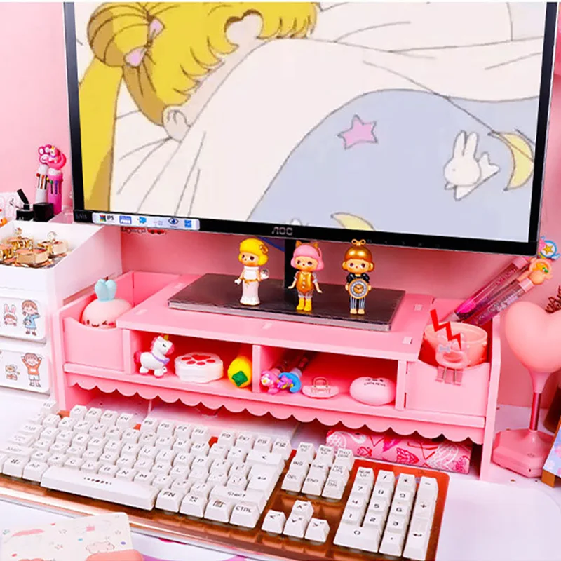 

Pink Cute Monitor Stand Desktop Storage Wood Bracket Storage Box Laptop Desktop Computer Monitor Increase Rack Office Supplies