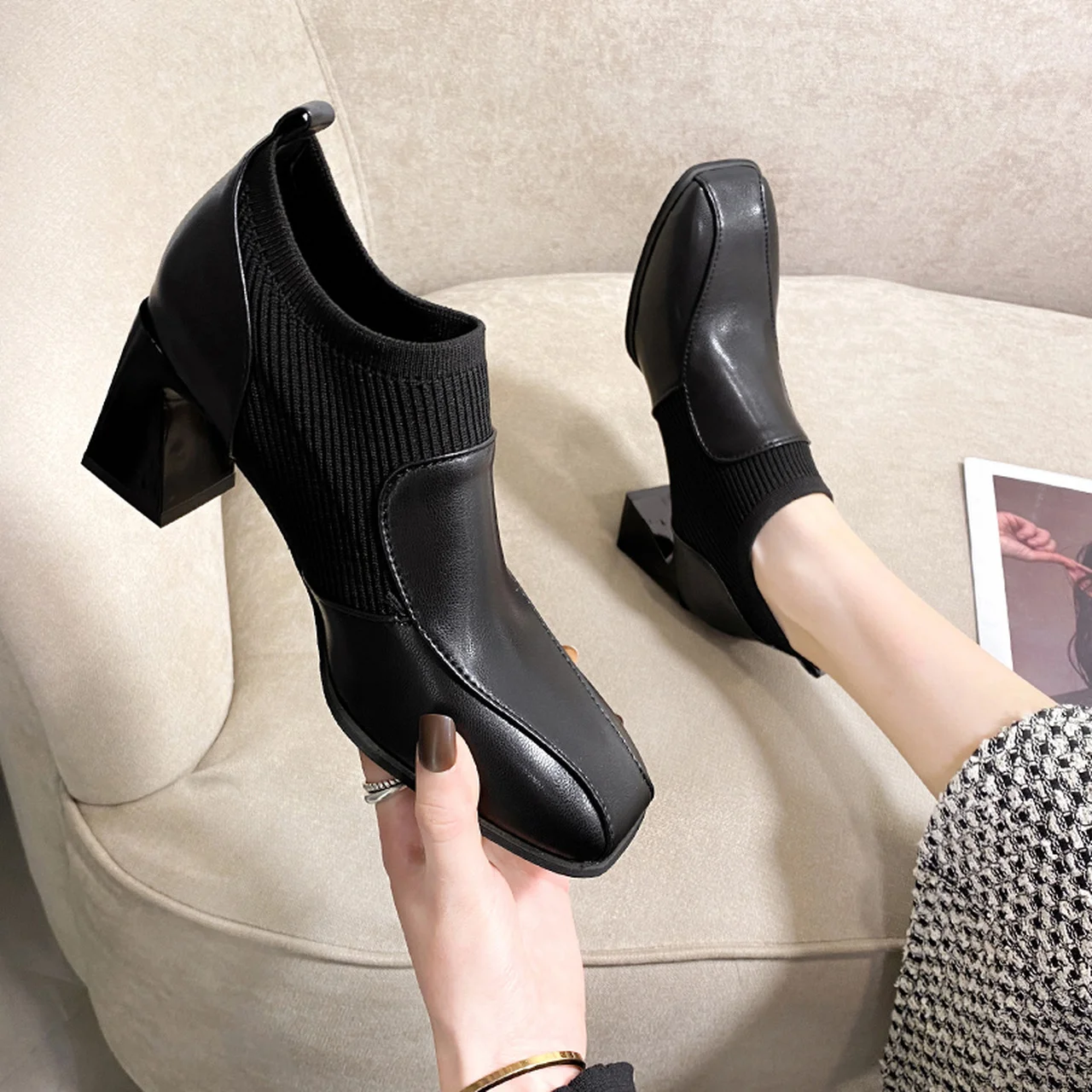 

Women's ankle boots casual thick heels 2022 autumn fashion stitching short boots all-match black Dress shoes Botas De Mujer