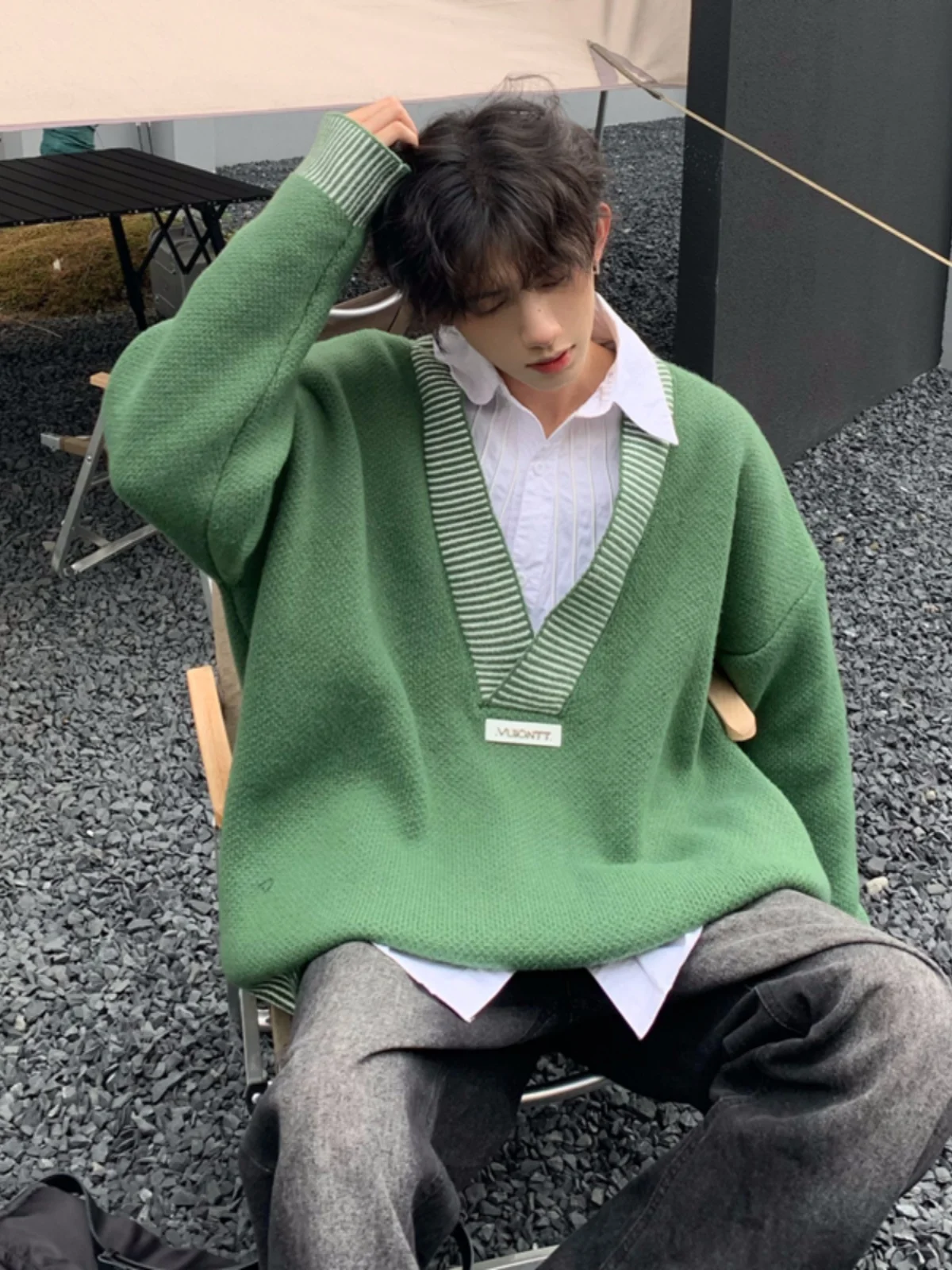 Green Profile V-neck Sweater Men's Autumn and Winter Korean Sle High-Grade Low Collar Knit American vintage Loose Outerwear