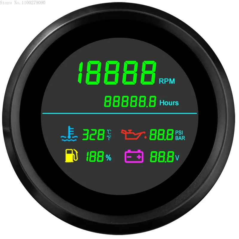 

85mm 6 In 1 LCD Multi-Function Tachometer Fuel Gauge Water Temperature Oil Pressure Voltmeter Hour Meter for Boat Car Generator