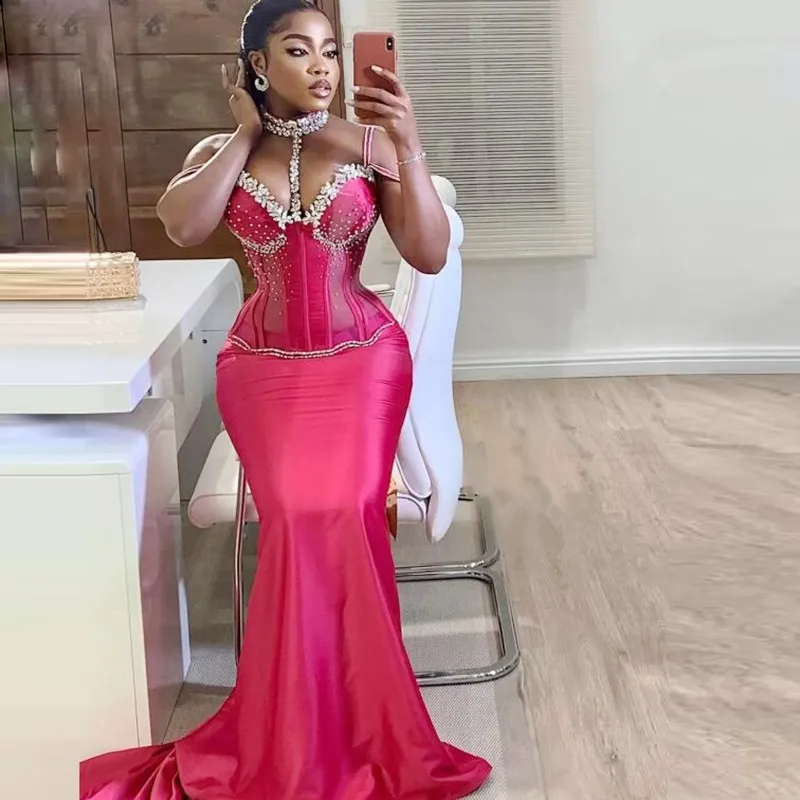 

Major Beads Crystals Mermaid Prom Dresses Exposed Boning Sweetheart African Women Evening Dress Girls Party Gowns To Birthday