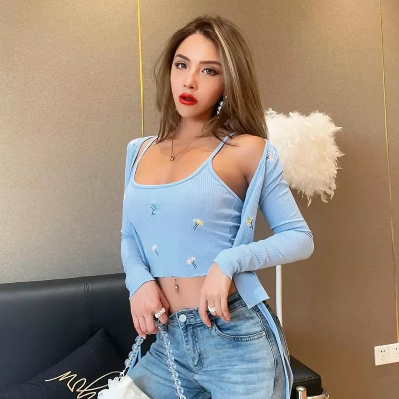 

Women's Jacket Retro Streetwear Cotton T-shirt Summer New Clothing Embroidery Long-sleeved T-shirt + Jacket Vest Two-piece Suit