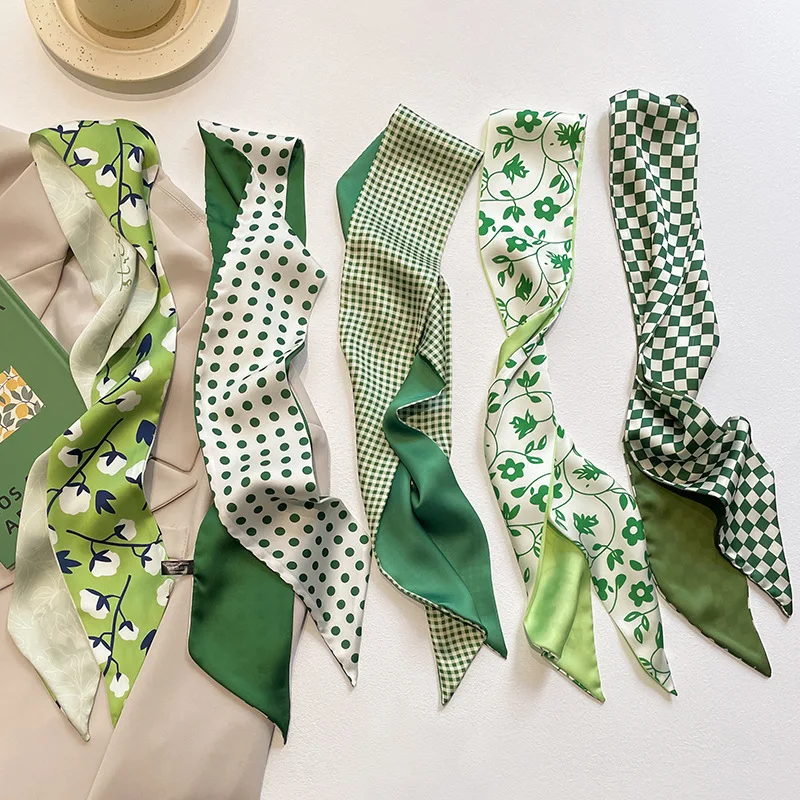 

Fashion Silk Neck Scarf Luxury Lovely Green Plaid Floral Hair Tie Scarves Foulard Head Band Shawls and Wraps Neckerchief 110*8Cm