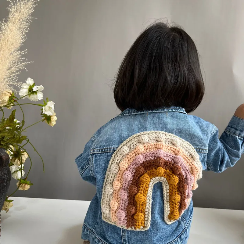 

Spring Baby Girls Denim Jackets Toddlers Long Sleeves Knitted Rainbow Panelled Jeans Coat Windbreaker for Kids Infant Outwear