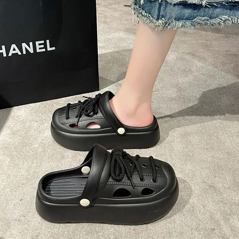 5 cm Elevator Shoes Garden Clogs Women Summer Lace Up Slipper Clogs Woman On The Platform Mules Girls Gothic Slippers String