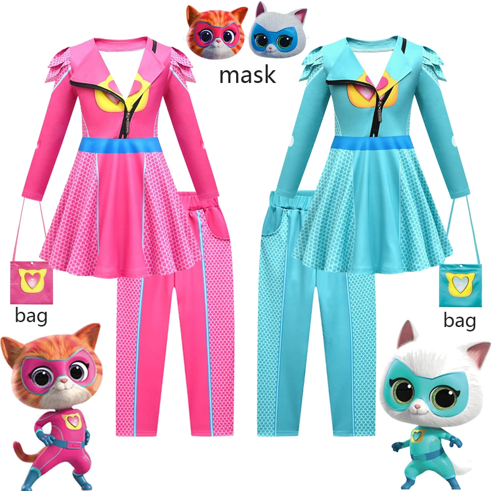NEW SuperKitties Cosplay Costume Children Girls Super Kitties Anime Clothes Dress+mask Set Kids Carnival Halloween Birthday Gift