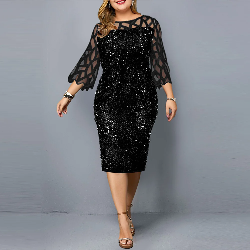 Party Dress Plus Size Ladies Sequin Mesh Long Sleeve Lace Evening Dresses for Women  XL-5XL Oversized