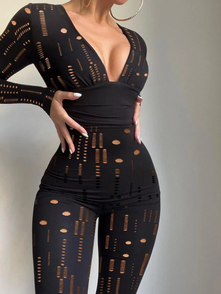 

Sexy Hollow Out Deep V-Neck Skinny Jumpsuit Women Night Out Overalls