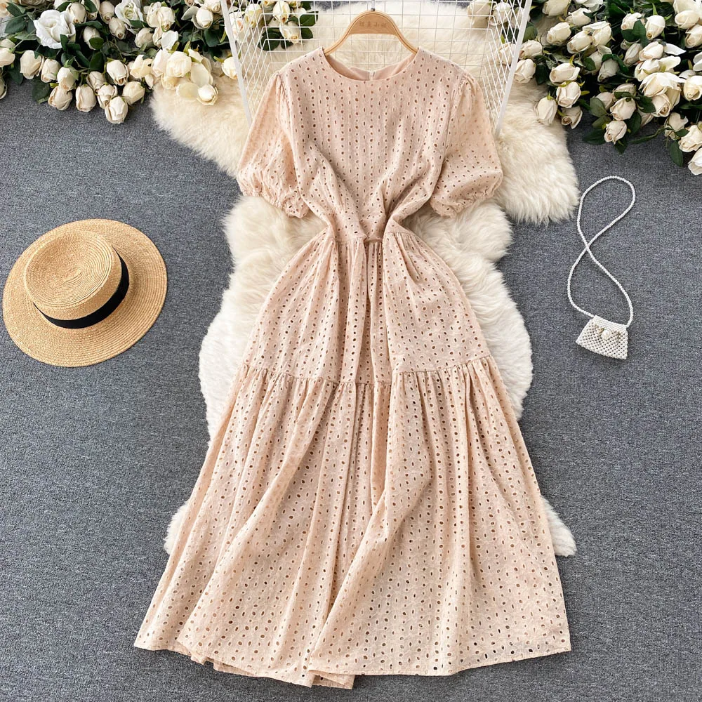 

French Hollow A-line Dress Women's Summer 2022 New Fashion Round Neck Short Sleeve Sweet Solid Color Clothes Vestidos F387