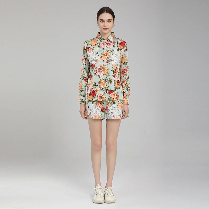 

MIUXIMAO 2022 New Summer Women's Set Lapel Long Sleeve Print Slim Waist Two Piece Suit Fashion Elegant Casual Style