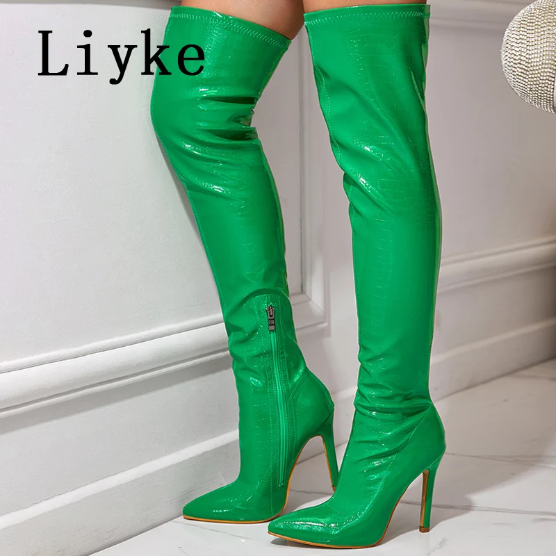 

Liyke Runway Style Green Snake Print Leather Thigh High Boots Women Stiletto Heels Winter Pointed Toe Zip Over The Knee Shoes