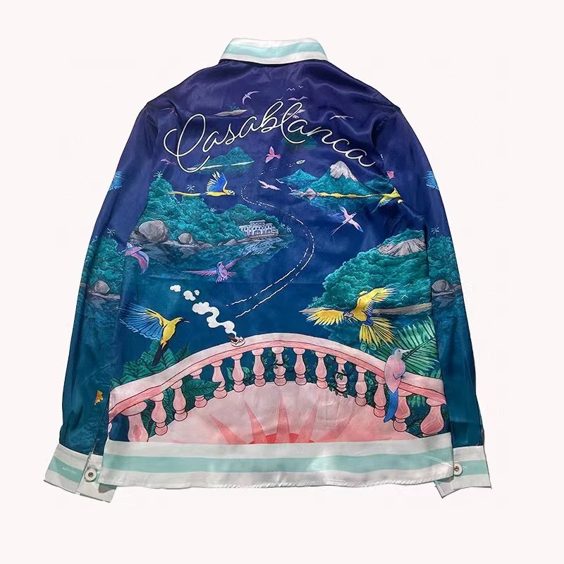 Long Sleeve CASABLANCA Silk Shirt Island Flowers Birds Print Men Women High Quality CASABLANCA Casual Hawaii Shirt Tee