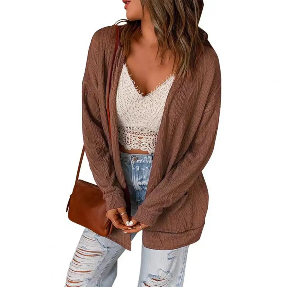 

Autumn Coat Solid Color Open Stitch Cardigan Long Sleeves Loose Knitting Casual Elastic Anti-shrink Women Sweater Coat for Daily