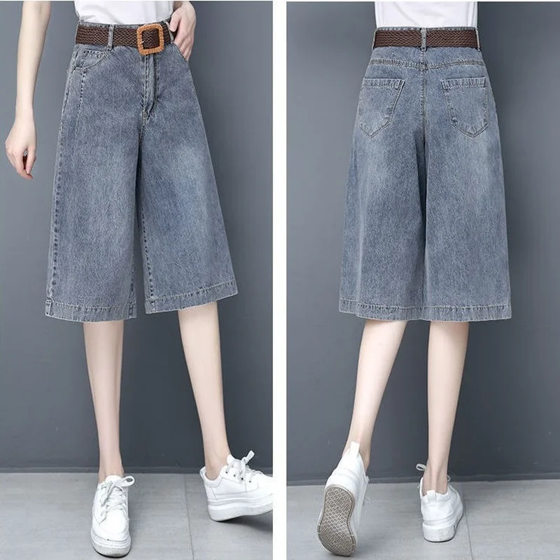 

Capri Jeans Pants for Women 2023 Summer Ladies Fashion Wide Leg Calf Length Trousers Denim Femme Pantalon Washed Blue E50
