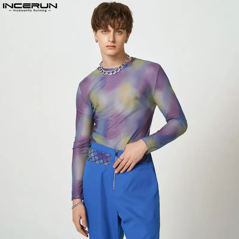 

INCERUN Tops 2023 American Style Mens Colorful Tie Dyed Side Hem T-shirts Casual Fashion Pleated See-through Mesh Camiseta S-5XL