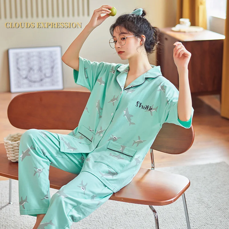 Весенне-Летняя короткая Пижама с мультяшным принтом Женский пижамный комплект