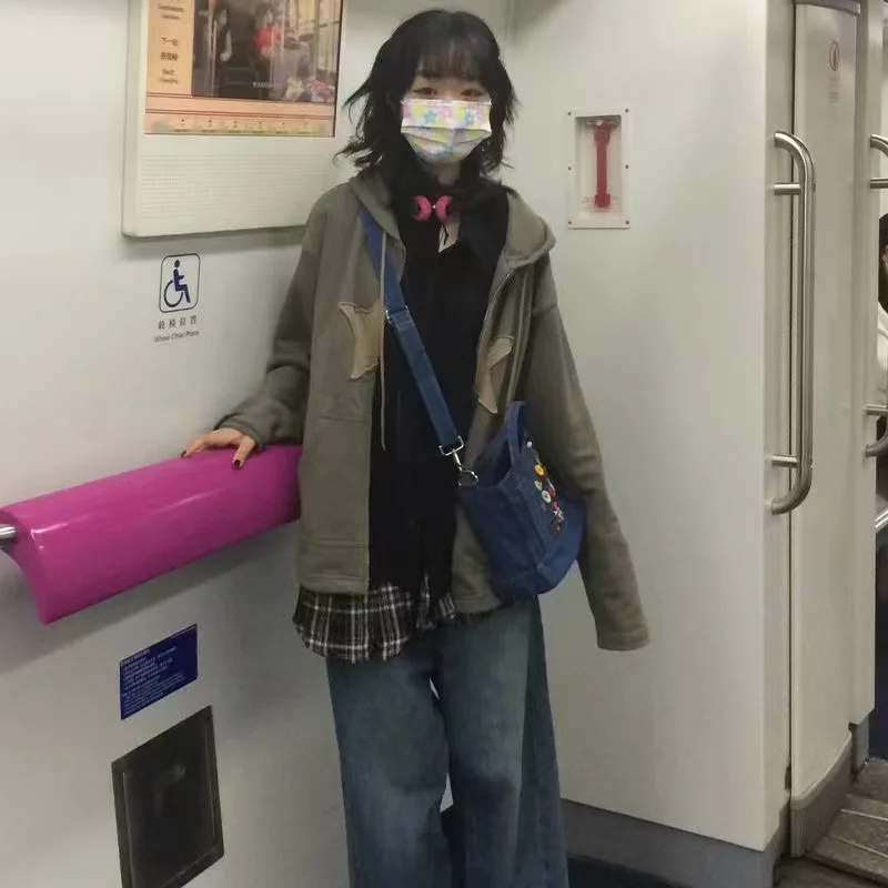 

Толстовка Женская в стиле хип-хоп на молнии, винтажный хлопковый Свободный свитшот с нашивками в виде звезд, куртка в стиле Харадзюку, готич...