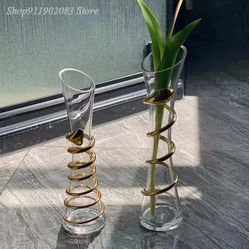 

NEW Glass Vase Golden Metal Winding Snake Gold Wire Waist Transparent Glass Vase Home Decoration Arrangement Accessories