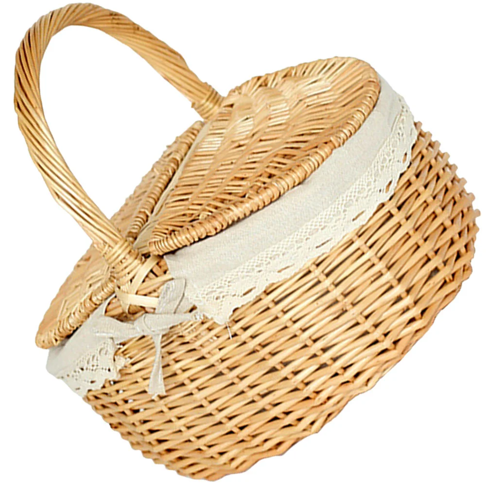 

Outdoor Picnic Basket Hand-made Vegetable Woven Storage Lid Barbecue Baskets Willow Household Fruit Container Shopping