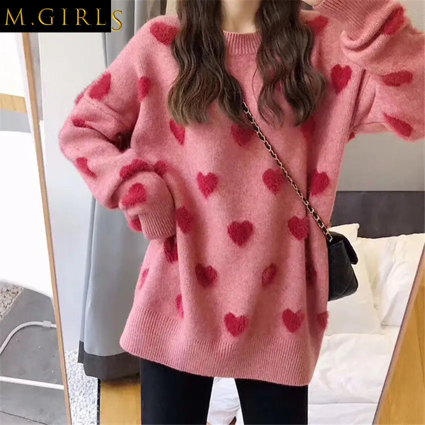 

Pullovers Women Sweet Girls Kawaii Loose Heart Pattern Comfortable Candy Colors Fashion Female Sweater O-neck Long Sleeve Winter