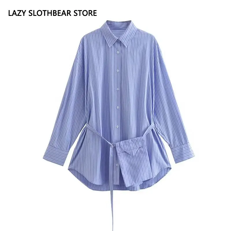 

New Design Striped Blouse Women Spring Long Sleeve With Sash Packet Loose Shirts Office Streetwear Tops Female