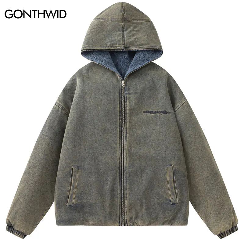 

Винтажная зимняя джинсовая флисовая парка, уличная одежда в стиле хип-хоп, куртка на молнии с капюшоном, стеганая парка, толстые теплые куртки с эффектом потертости 2023